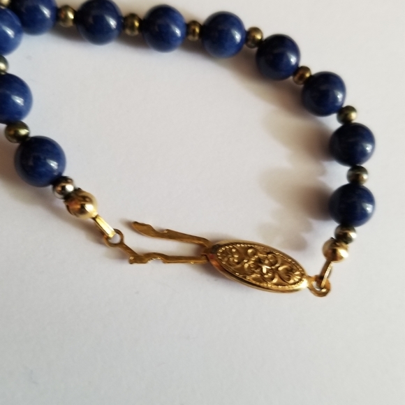 Vintage blue stone bead necklace gold tone Lapis Lazuli? Elegant boho - Picture 16 of 16